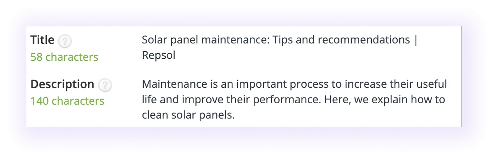 optimized meta title and meta description in a solar company website blog