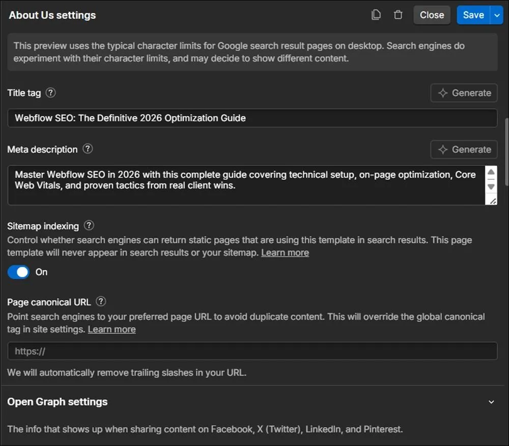 Optimize Title Tags and Meta Descriptions in the Webflow