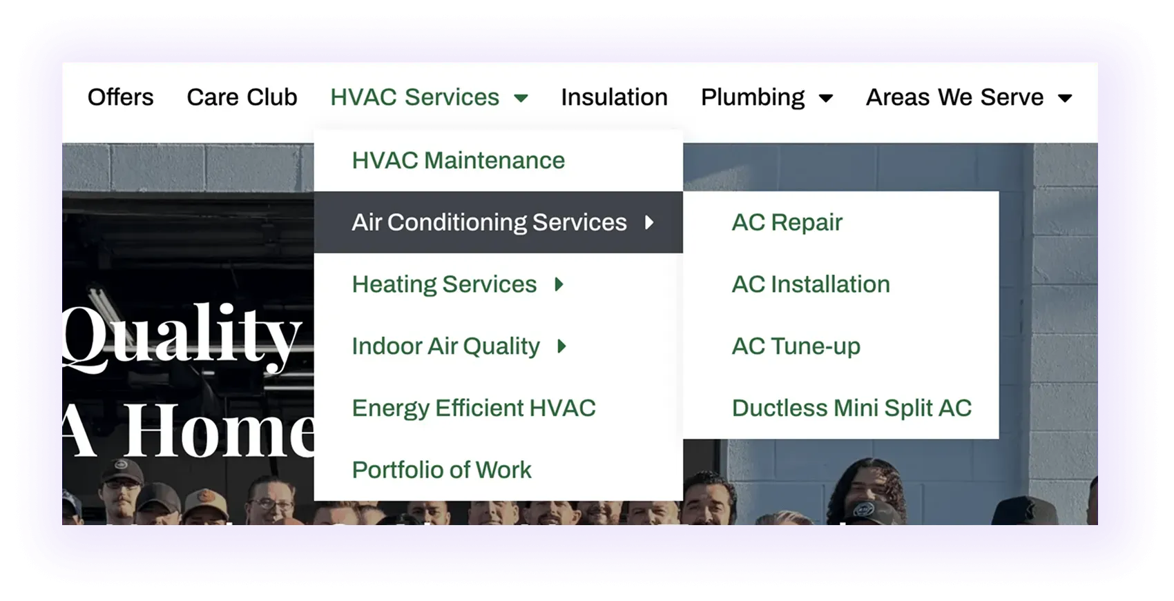 hvac company website navigation bar with one primary “hvac services” tab listing all categories