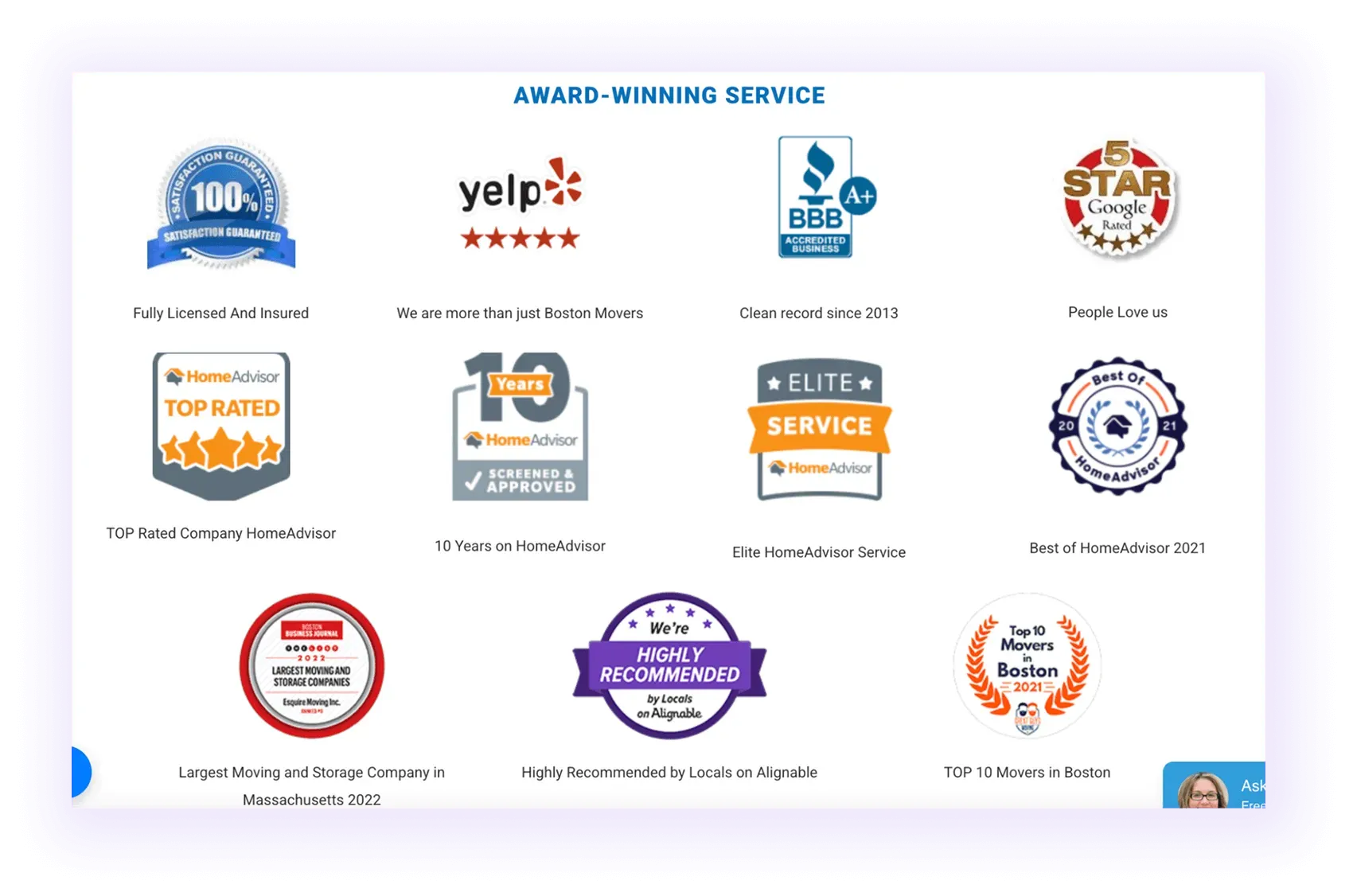 awards and licenses block on a moving company website
