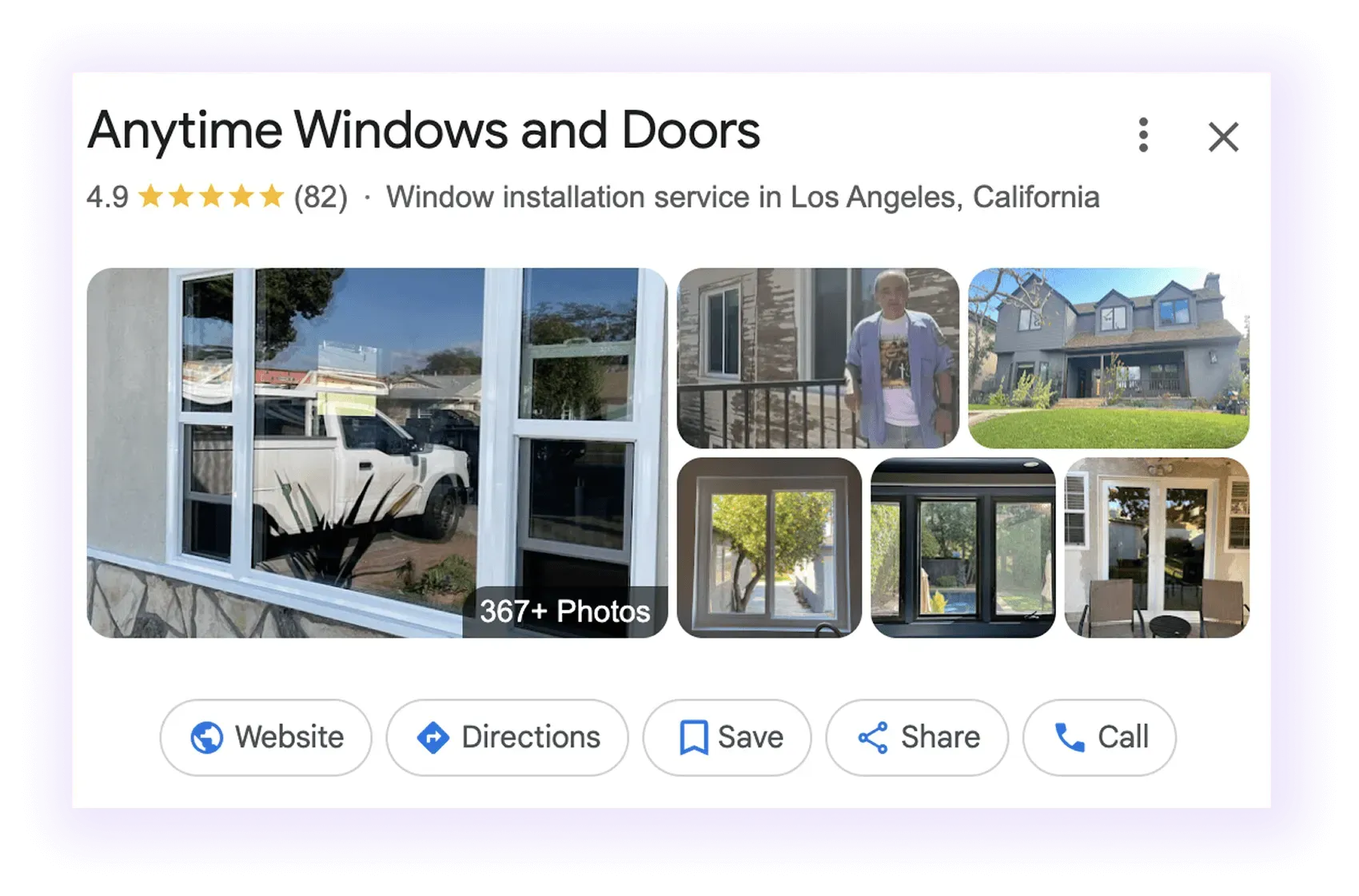 Example of well optimized Google My Business for Window and door installation company