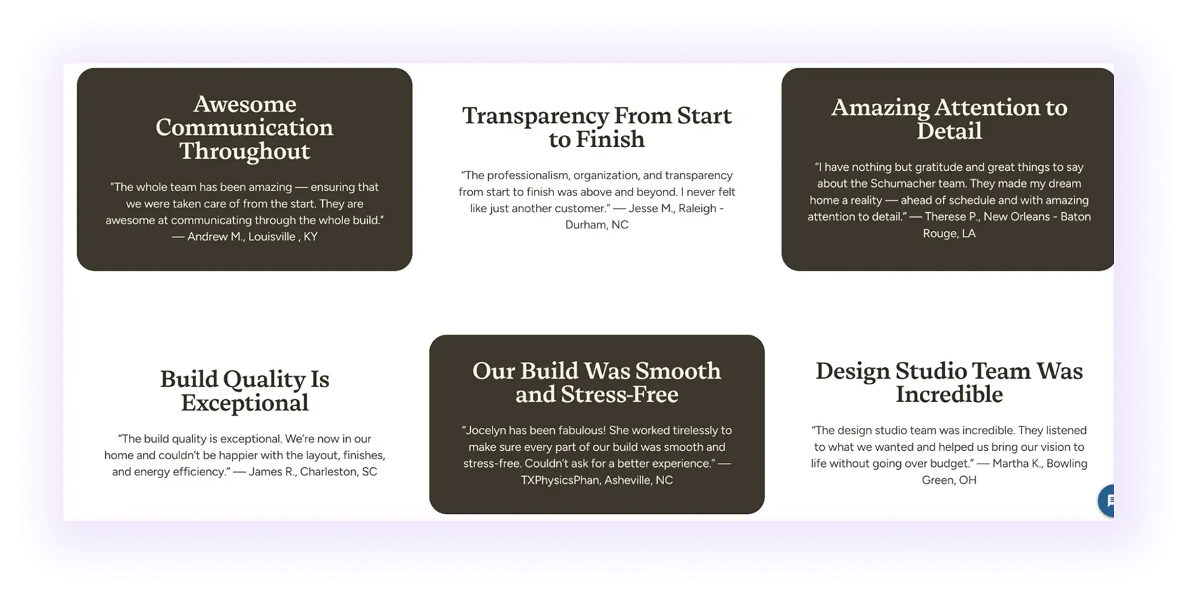 customer reviews and testimonials block on a home builder website