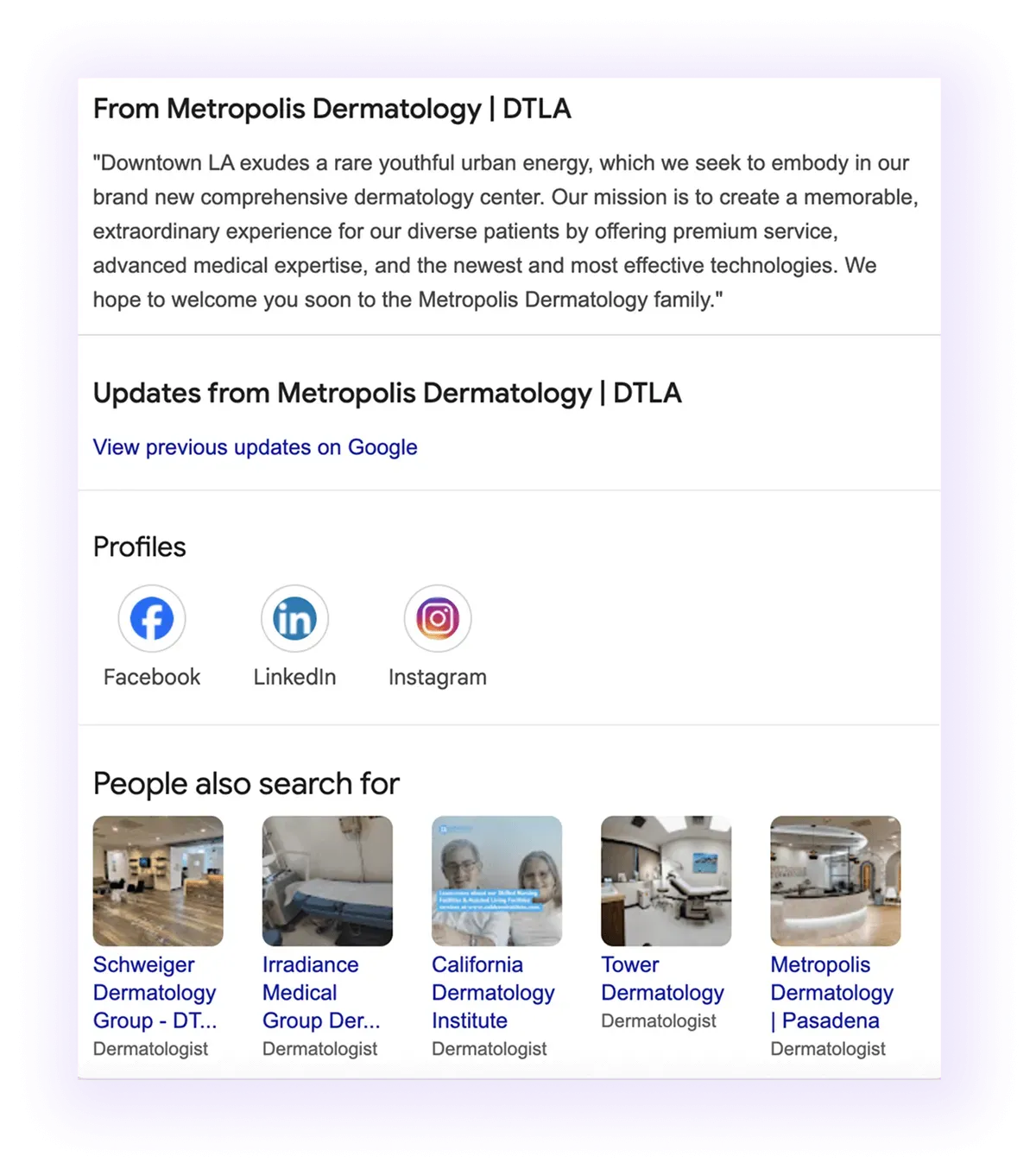 description, social profiles and PAA sections example for a dermatology GMB listing