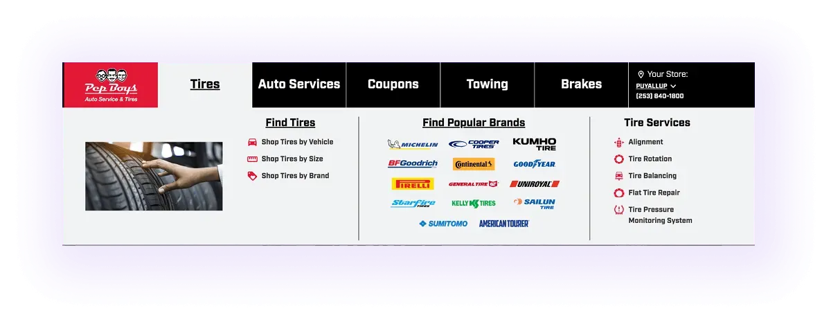 auto repair and maintenance service website navigation bar with categories for tires, popular brands and tire services as a drop-down menu