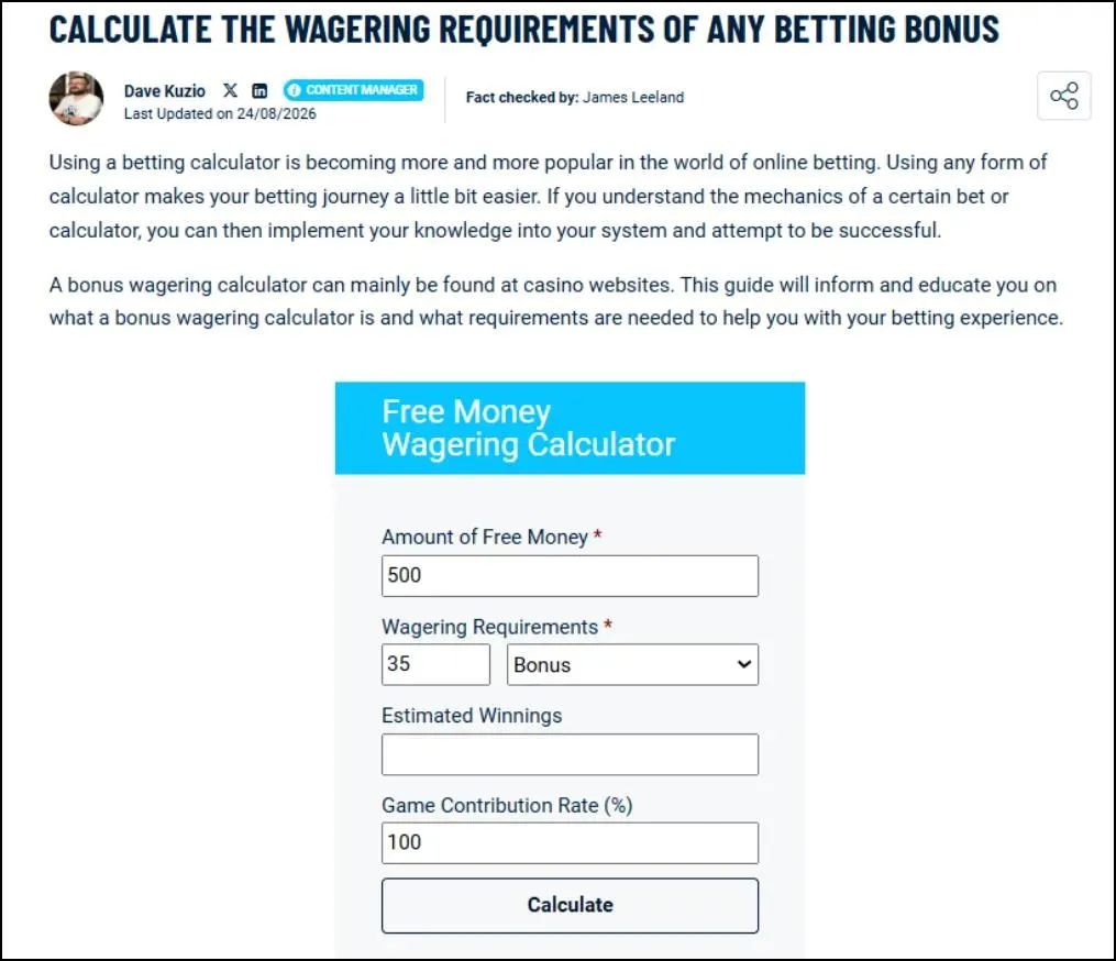 Tools and calculators for the Gambling Niche