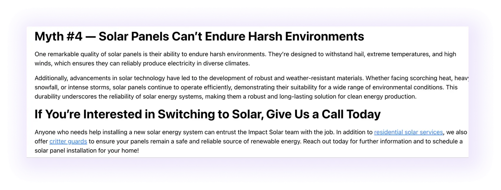 blog-to-service linking example on a solar company website