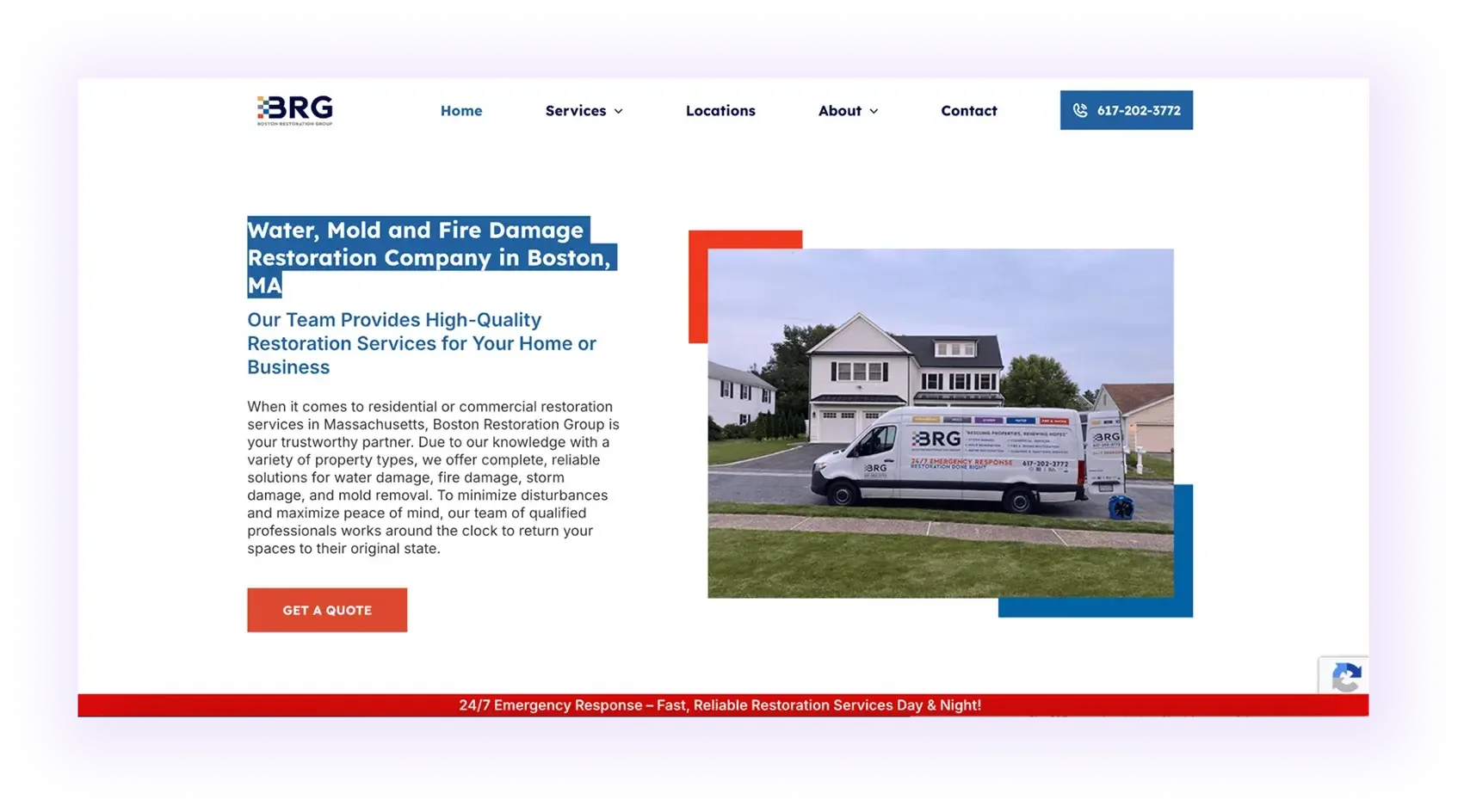 local restoration website homepage hero section example