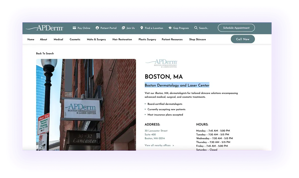 example of a local keyword used in a national dermatology website's local page