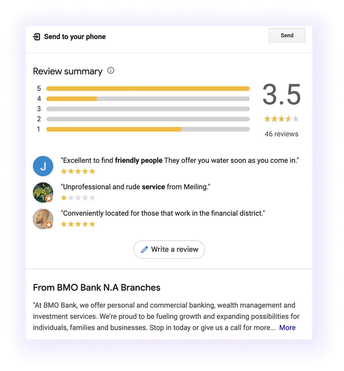 review and description sections example for a bank GMB listing