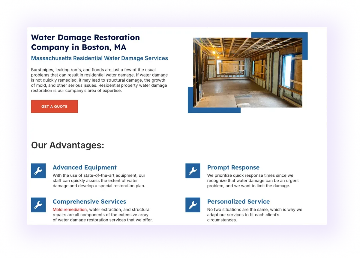 an example of a service-to-service internal linking on a water damage restoration website