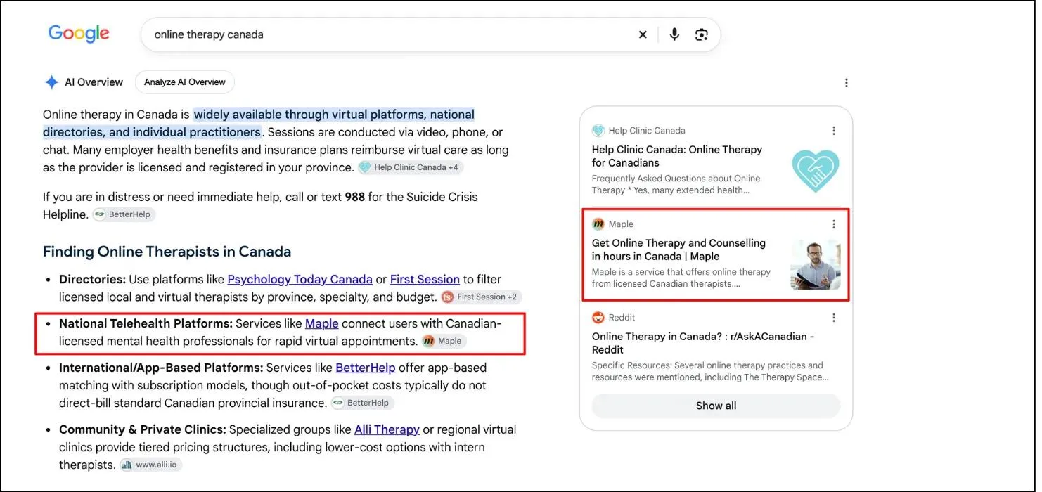 Maple ranks in Ai overviews for online therapy canada