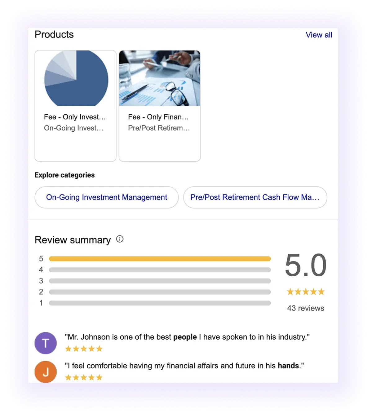 products, categories, and review sections example for a financial advising business GMB listing