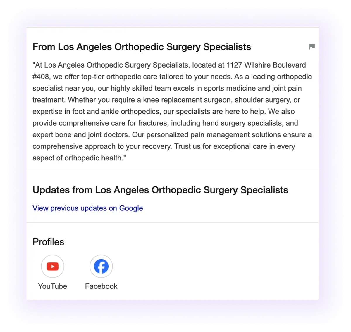 description and social profiles sections example for an orthopedic GMB listing