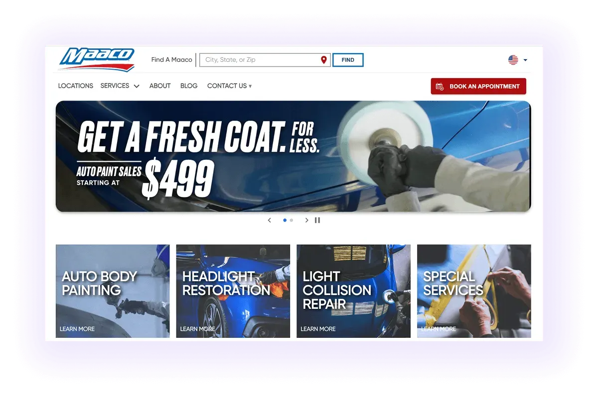 auto body shop and repair centre hero section and navigation bar example