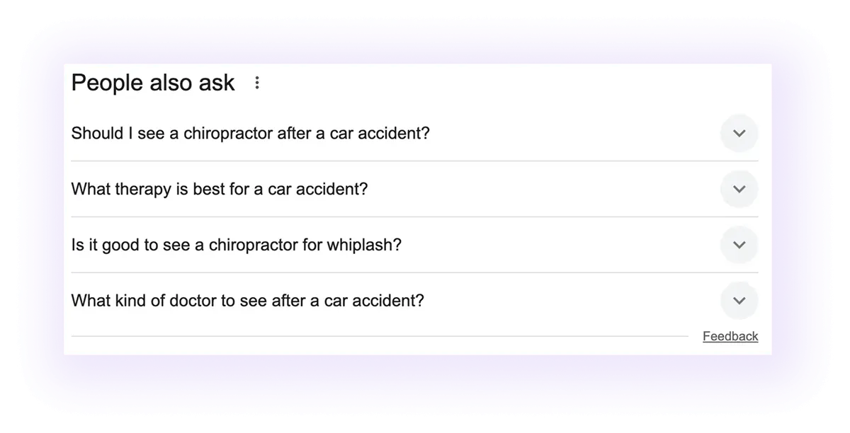 google’s people also ask for "car accident chiropractor" keyword