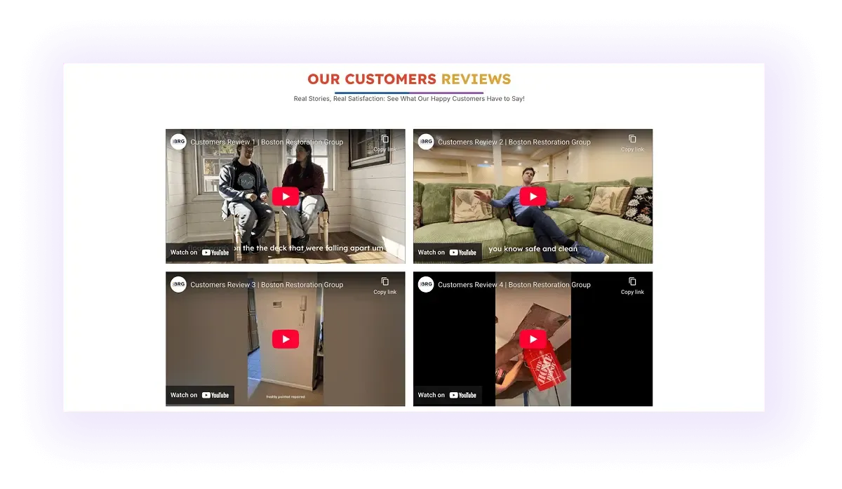 reviews and testimonials block on a restoration website