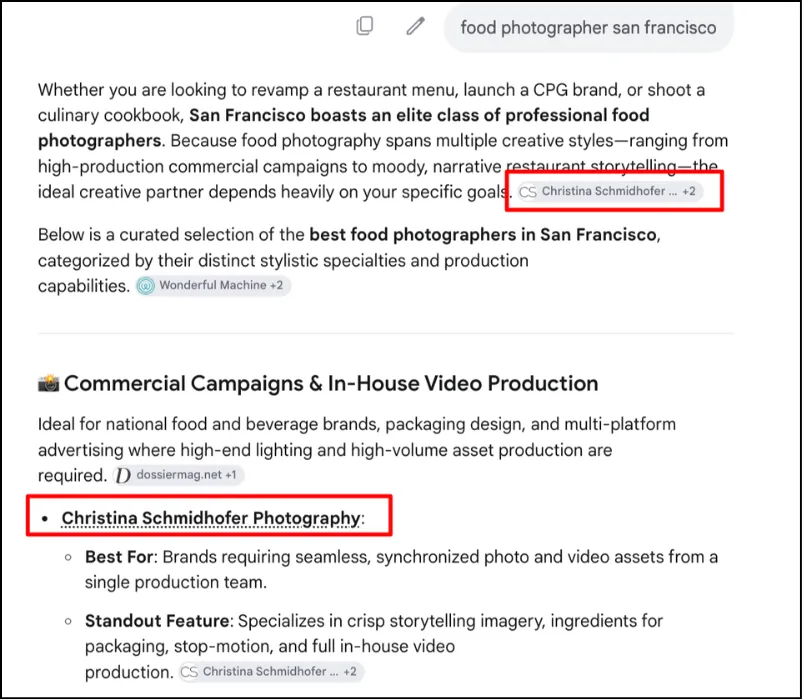 Christina Schmidhofer Photography appears in Google AI Mode