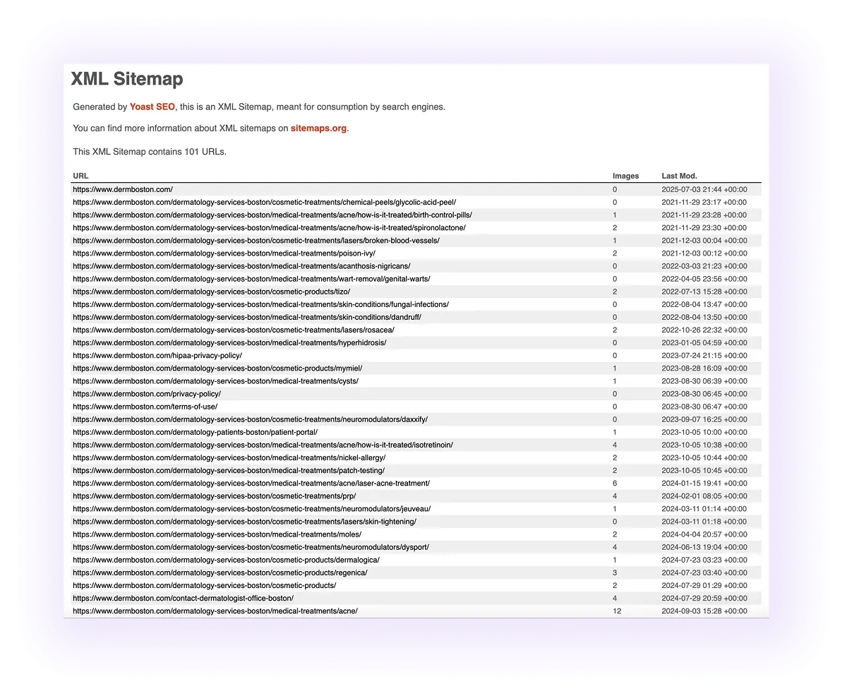 example of an optimized XML sitemap for a dermatology website blog