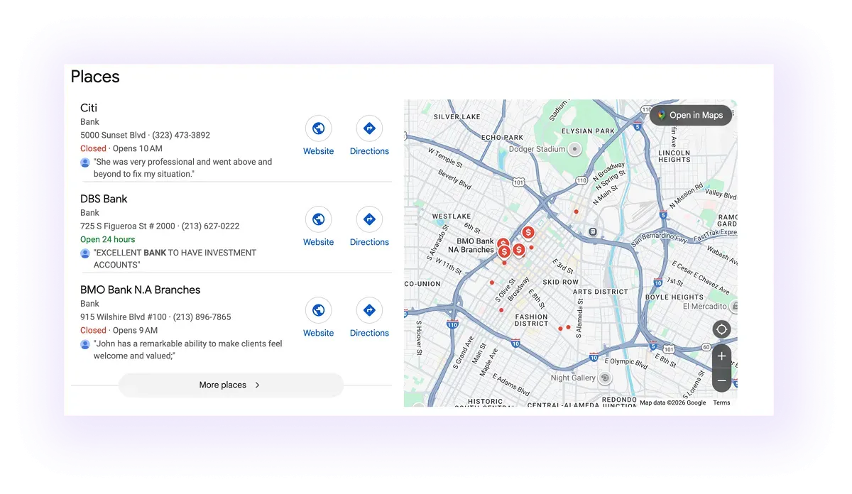 bank Google Business Profiles showing up on Google Maps in LA