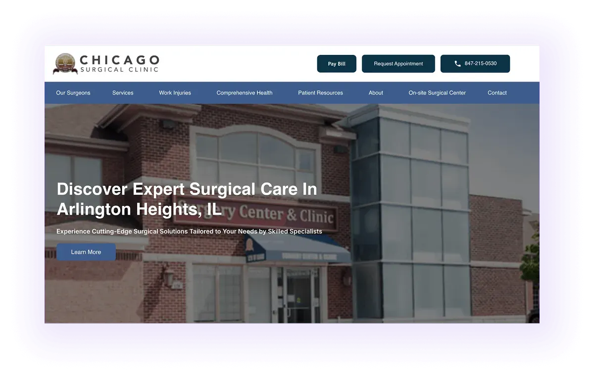 surgical clinic website hero section and navigation bar example