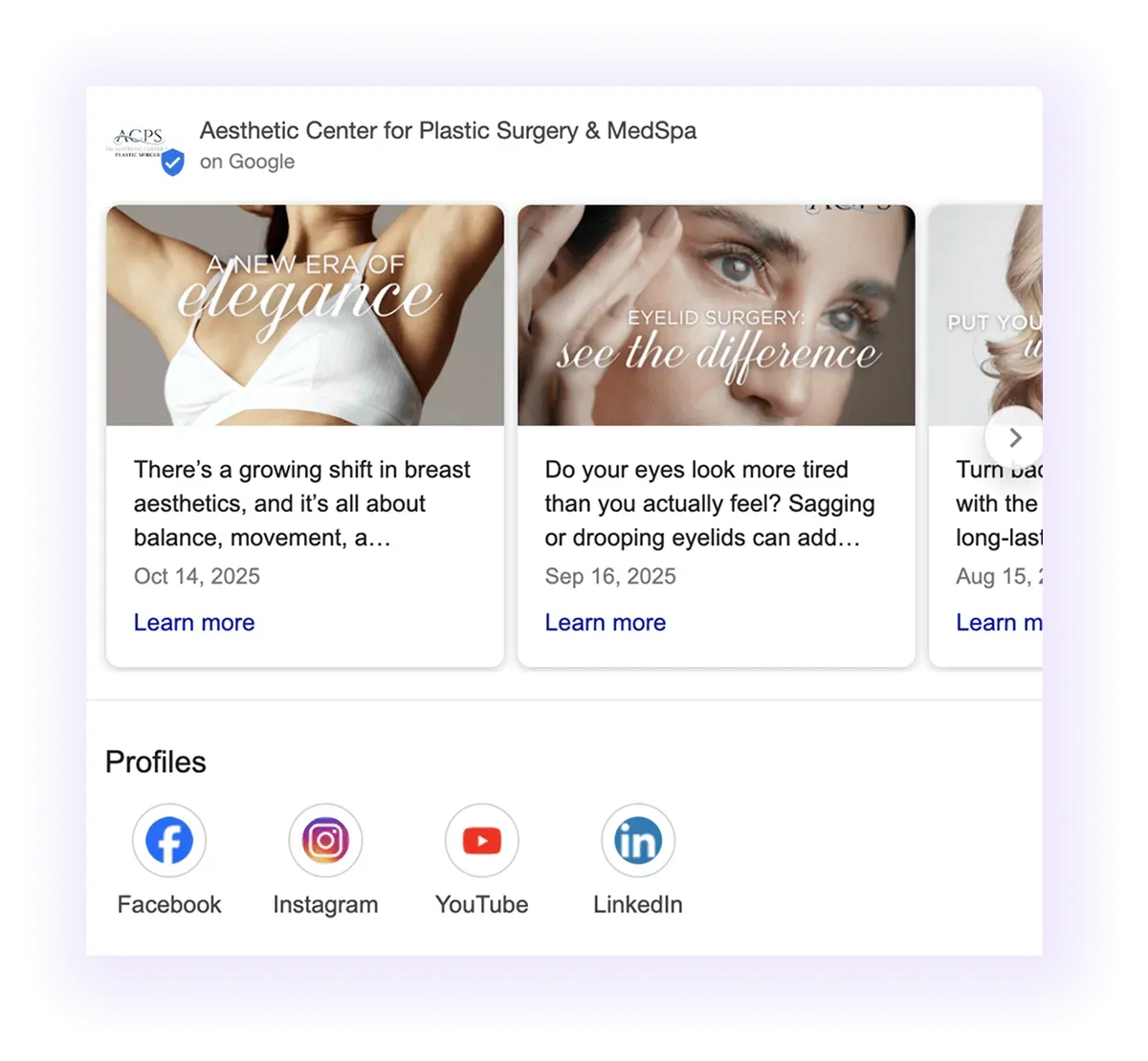 news and social media profiles sections example for a plastic surgeon GMB