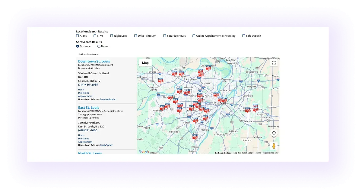 interactive map on a banking website highlighting bank branches and locations