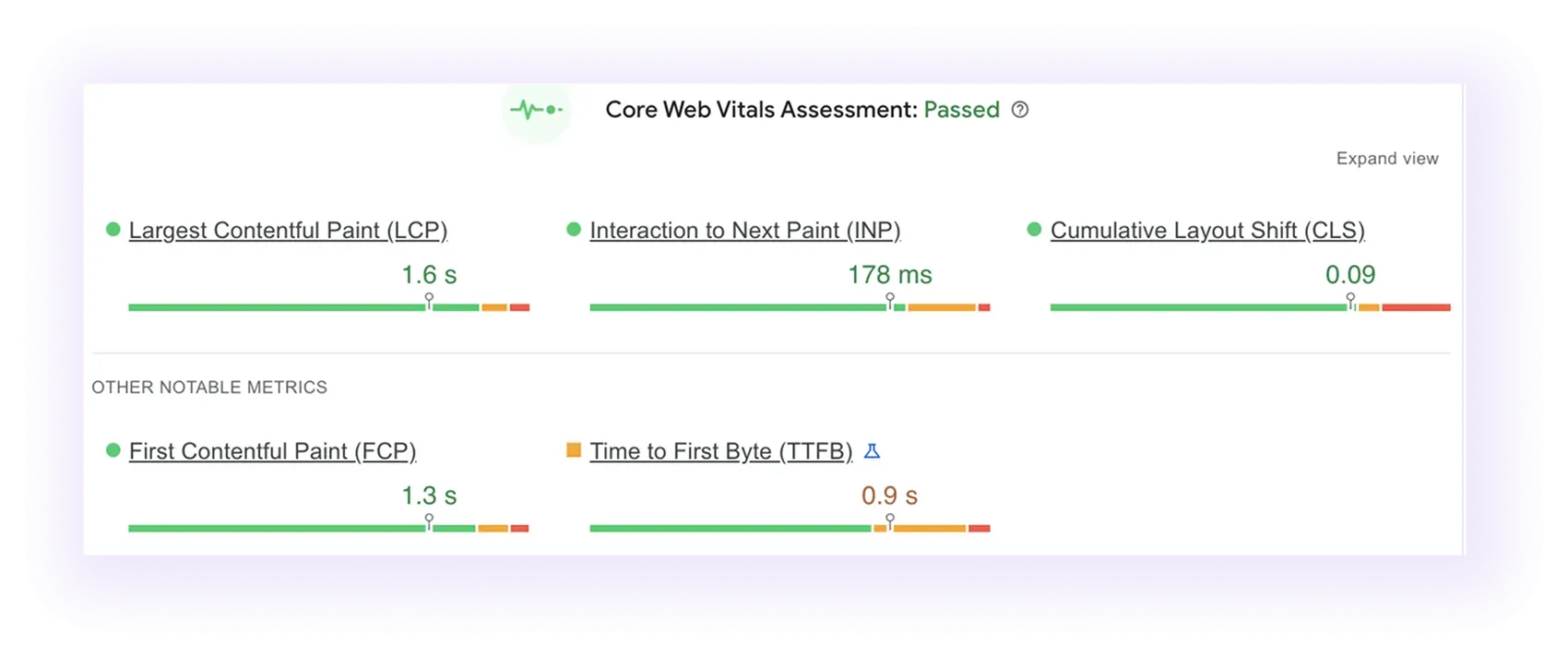 Core web vitals assessment of a clearing services website