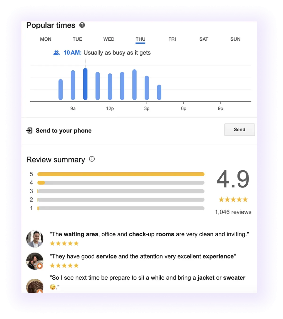 review and popular times sections example for an orthopedic GMB listing