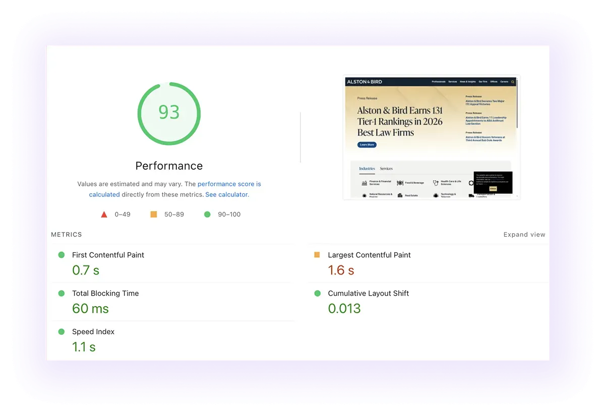 performance score and core web vitals of law firm website