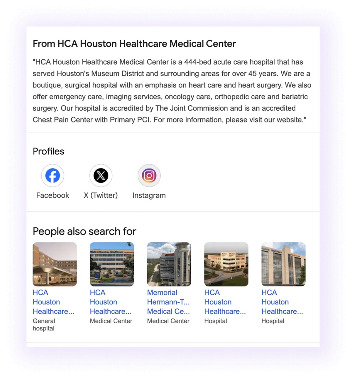company description, social media profiles and PAA sections example for a healthcare company GMB