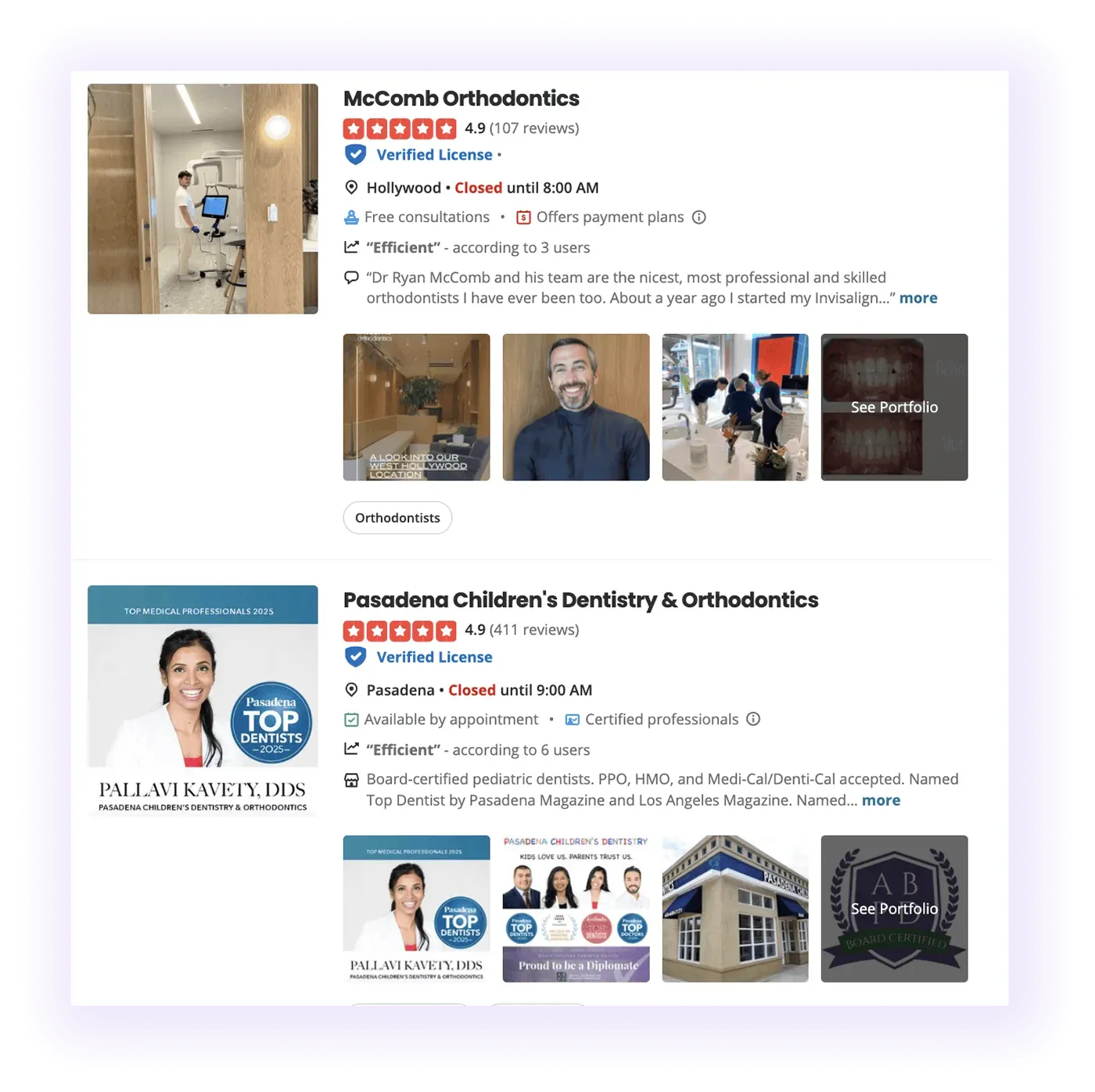  well-optimized orthodontic company profiles on Yelp