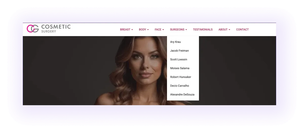 plastic surgeon website navigation bar with breast, face, and body categories
