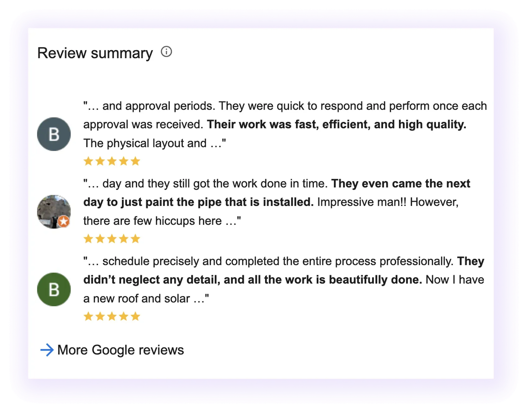 reviews section example for a solar company GMB