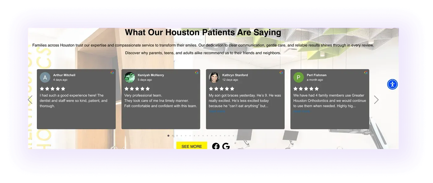 testimonials block on an orthodontic clinic website