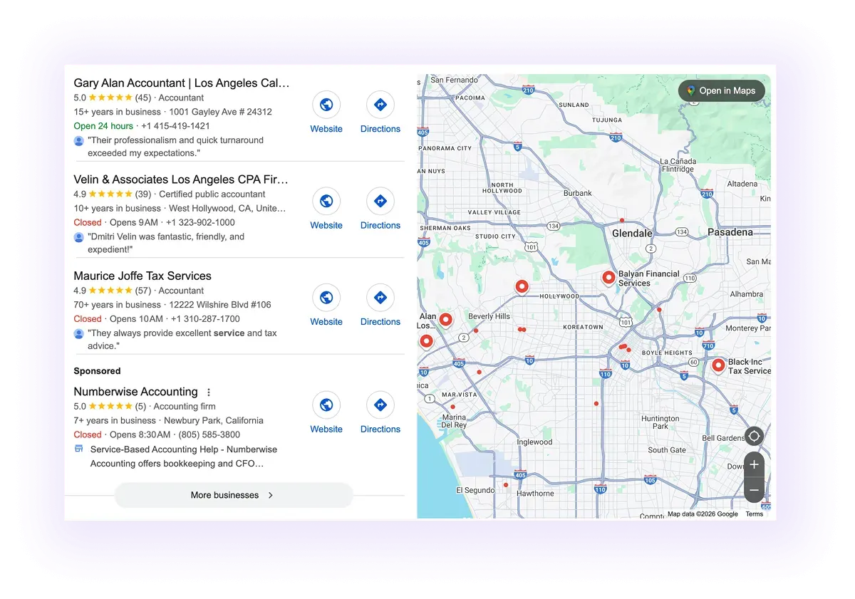 accounting business Google Business Profiles showing up on Google Maps in CA