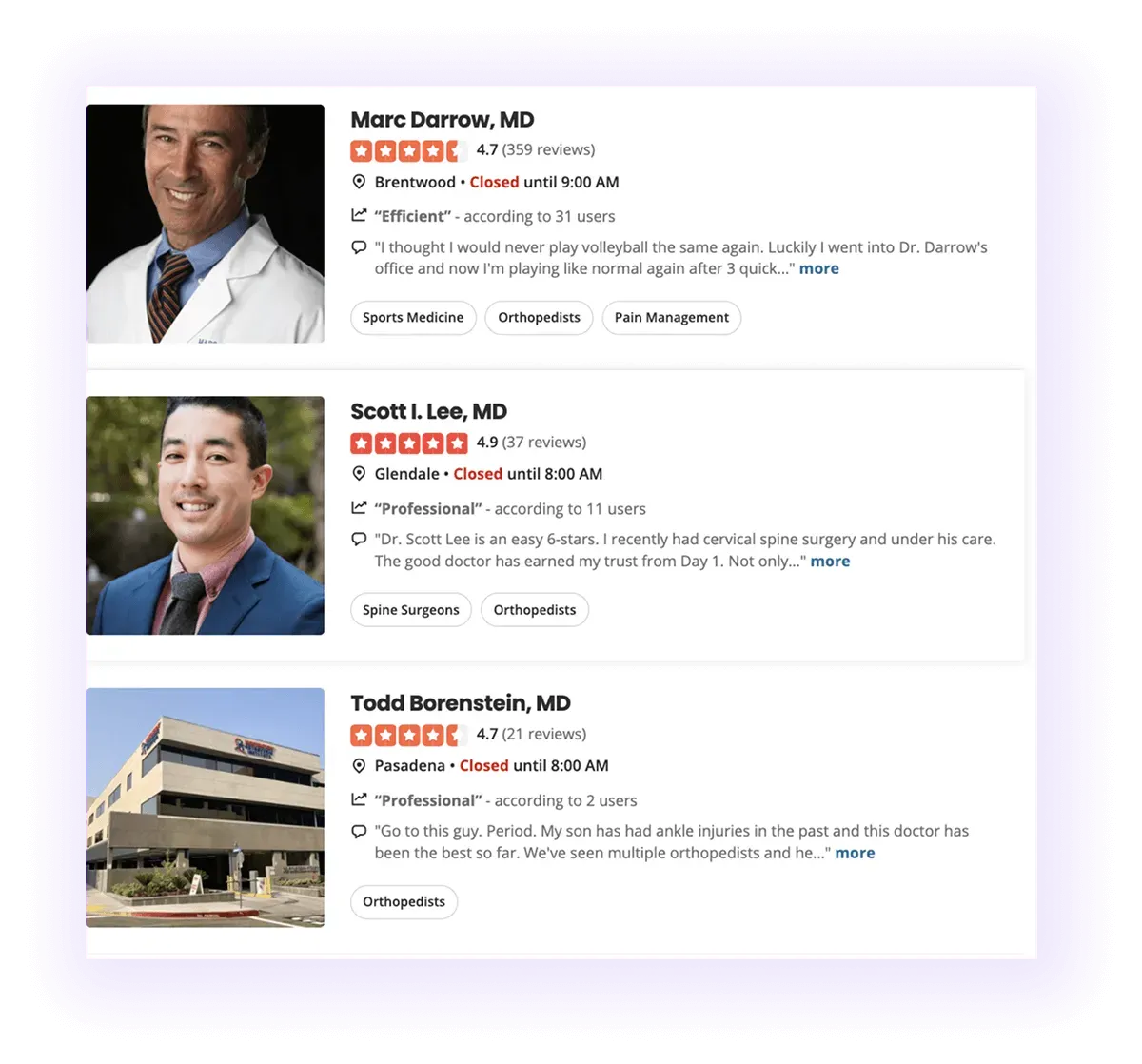 well-optimized orthopedic doctor profiles on Yelp