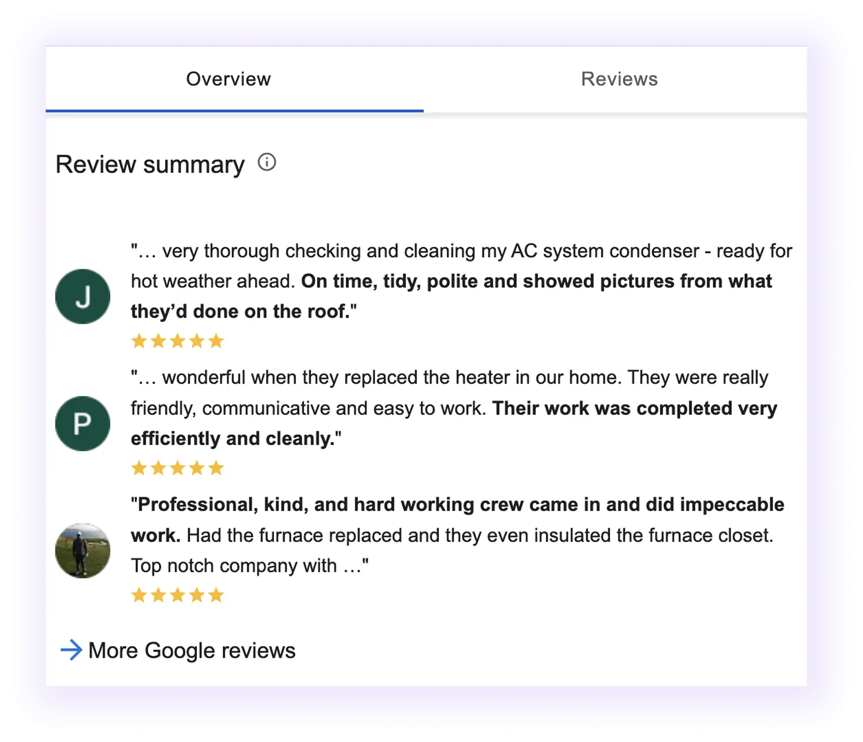 reviews section example for an hvac company GMB
