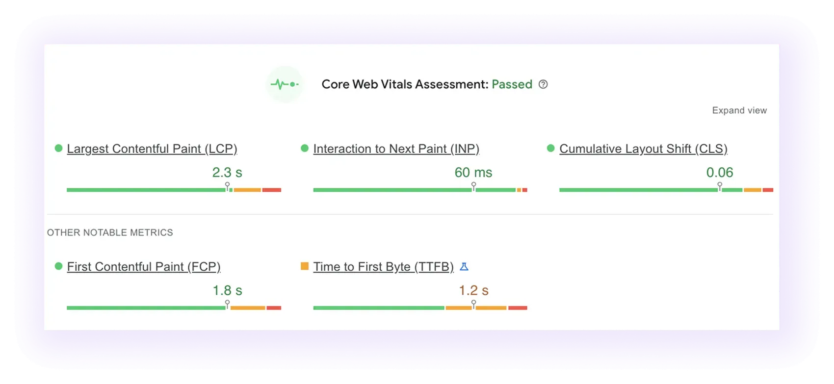 Core Web Vitals assessment passes result for a mover website