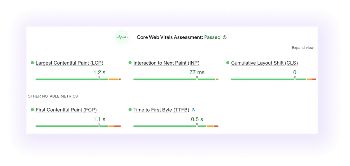 good Core Web Vitals score example of a law firm website