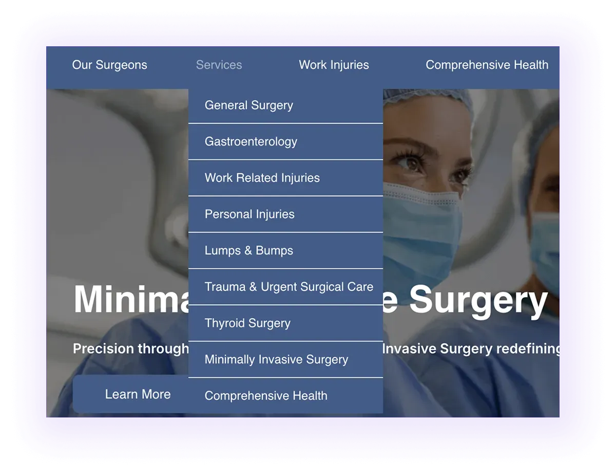 surgical clinic website navigation bar with surgery services drop-down menu