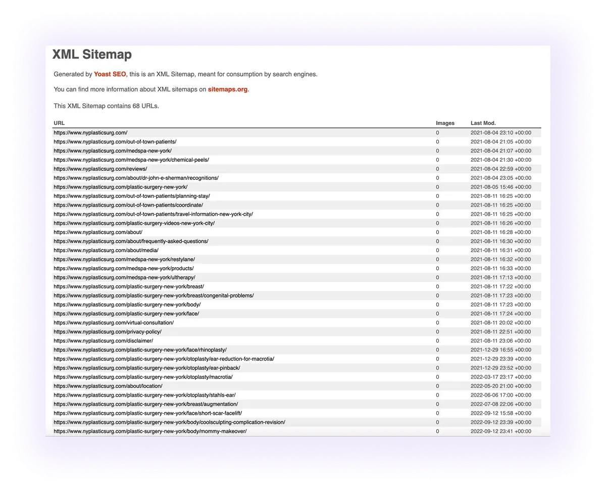 example of an optimized XML sitemap for a plastic surgeons' website