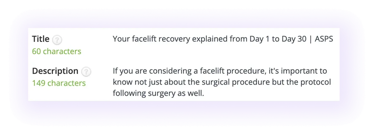 optimized meta title and meta description in a cosmetic surgeons' website blog