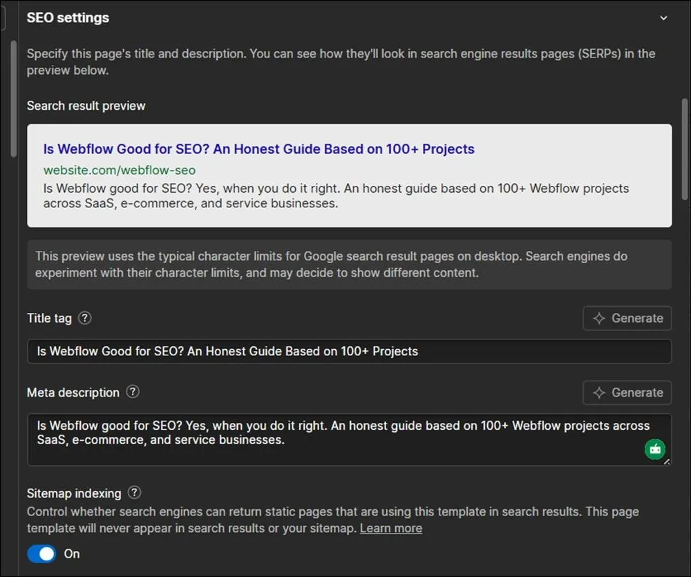 Webflow allows to edit On-Page SEO Controls Without Plugins