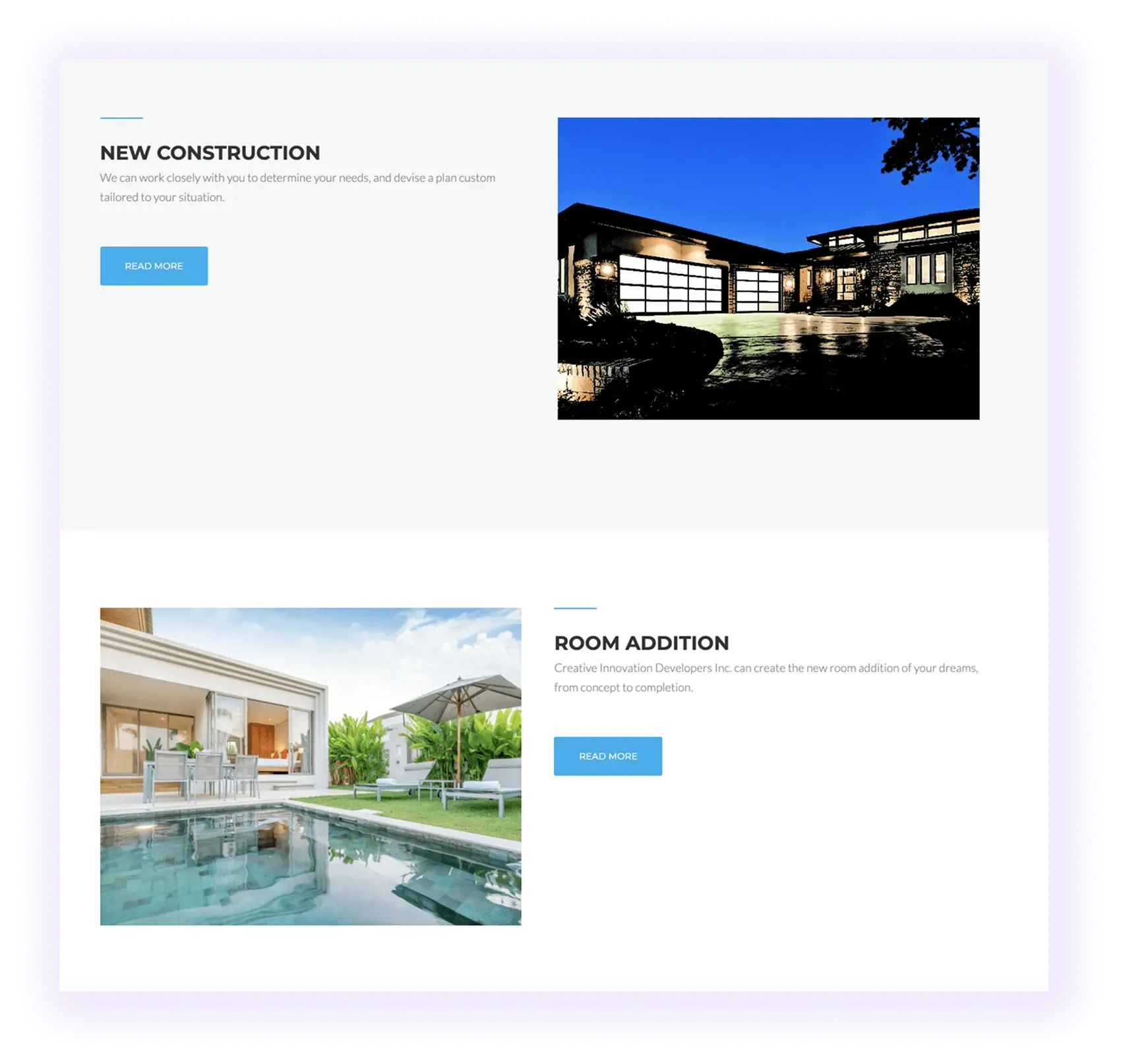 example of a service hub page from a home building company