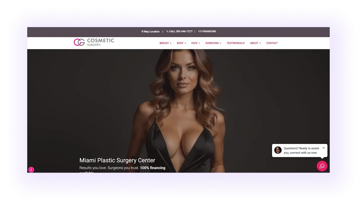 plastic surgeon website hero and navigation bar example