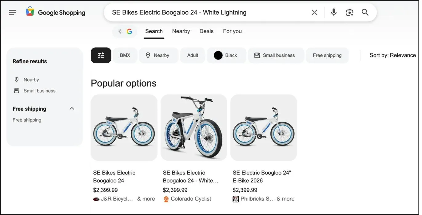 Colorado Cyclist appearing in Google Shopping