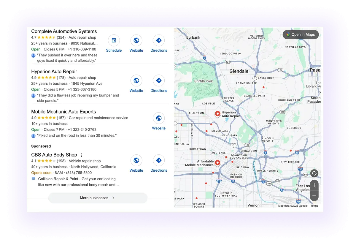 auto repair business Google Business Profiles showing up on Google Maps in LA