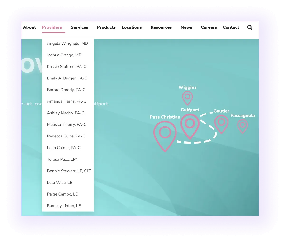 dermatology website navigation bar with dermatologist pages on a drop-down menu