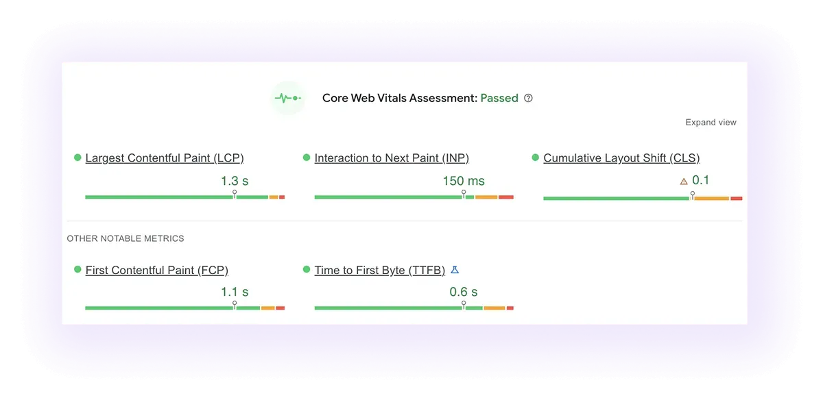good Core Web Vitals score example of an automotive business website