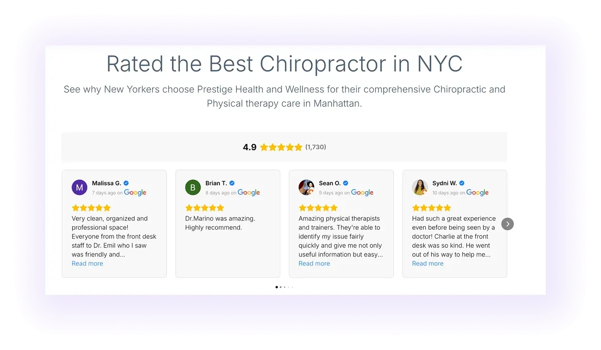 written testimonials block on a chiropractor's website